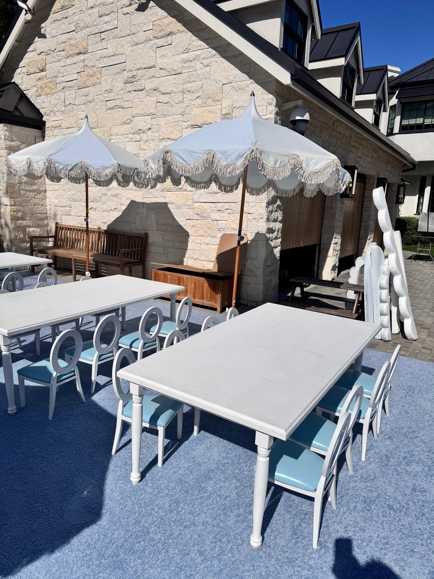 Outdoor Umbrella Blue & White - Custom Prop Rentals