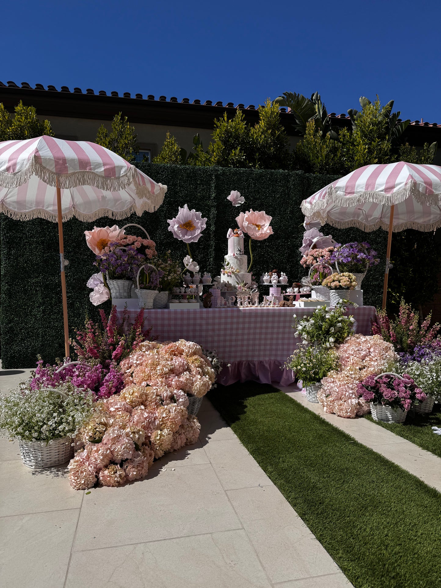 Outdoor Umbrella Pink & White Boho