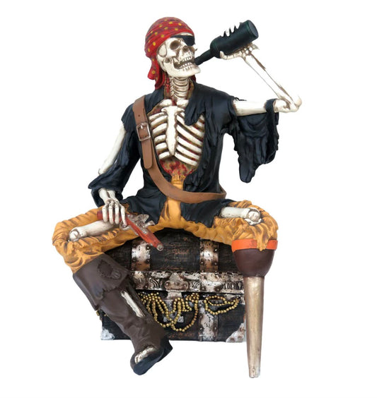 Skeleton Pirate on Treasure Chest Drinking