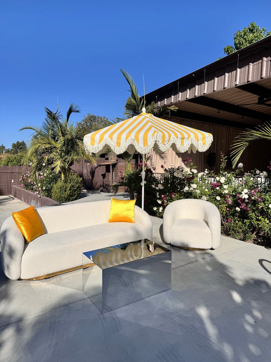 Outdoor Umbrella Yellow & White - Custom Prop Rentals